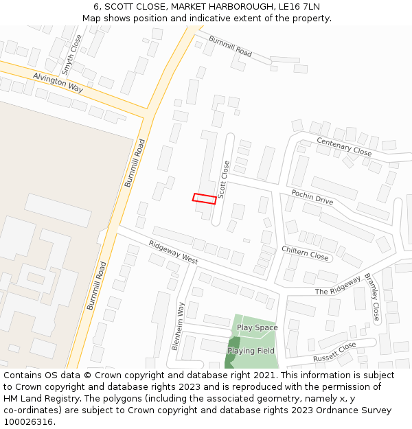 6, SCOTT CLOSE, MARKET HARBOROUGH, LE16 7LN: Location map and indicative extent of plot