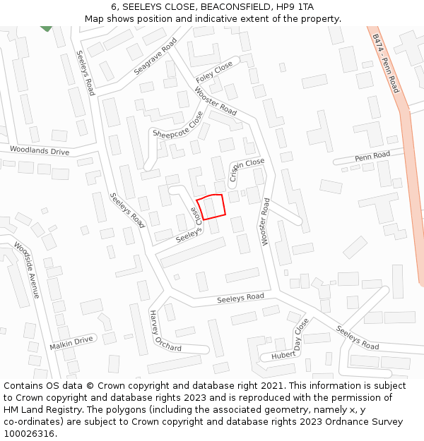 6, SEELEYS CLOSE, BEACONSFIELD, HP9 1TA: Location map and indicative extent of plot