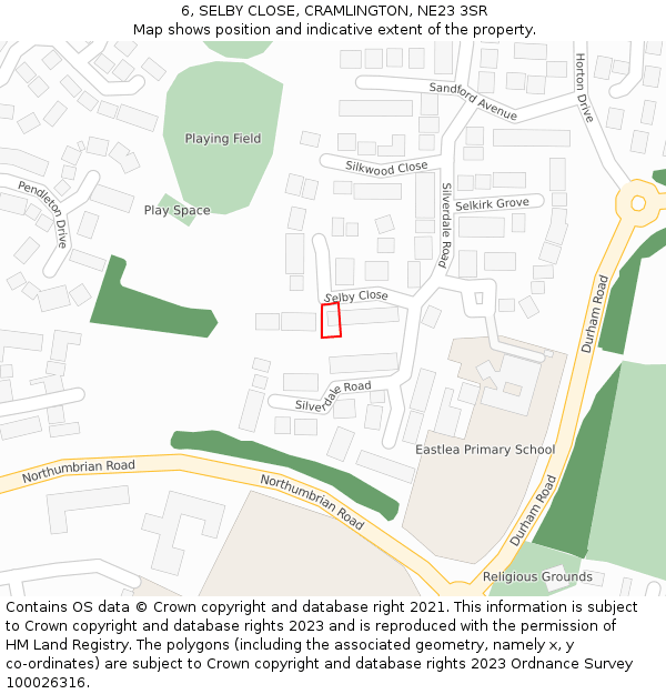 6, SELBY CLOSE, CRAMLINGTON, NE23 3SR: Location map and indicative extent of plot