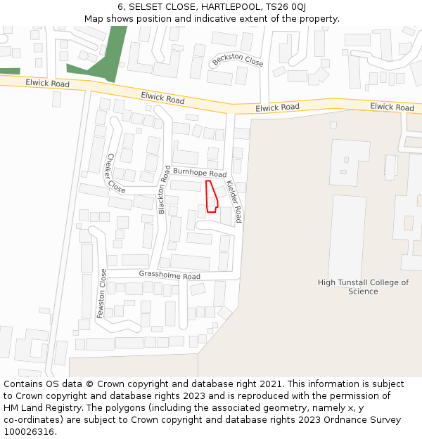 6, SELSET CLOSE, HARTLEPOOL, TS26 0QJ: Location map and indicative extent of plot