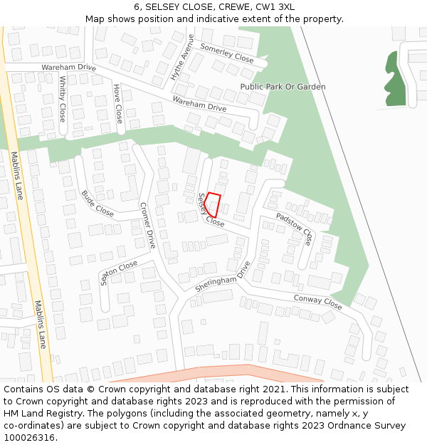 6, SELSEY CLOSE, CREWE, CW1 3XL: Location map and indicative extent of plot