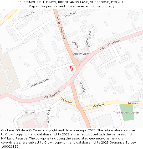 6, SEYMOUR BUILDINGS, PRIESTLANDS LANE, SHERBORNE, DT9 4HL: Location map and indicative extent of plot