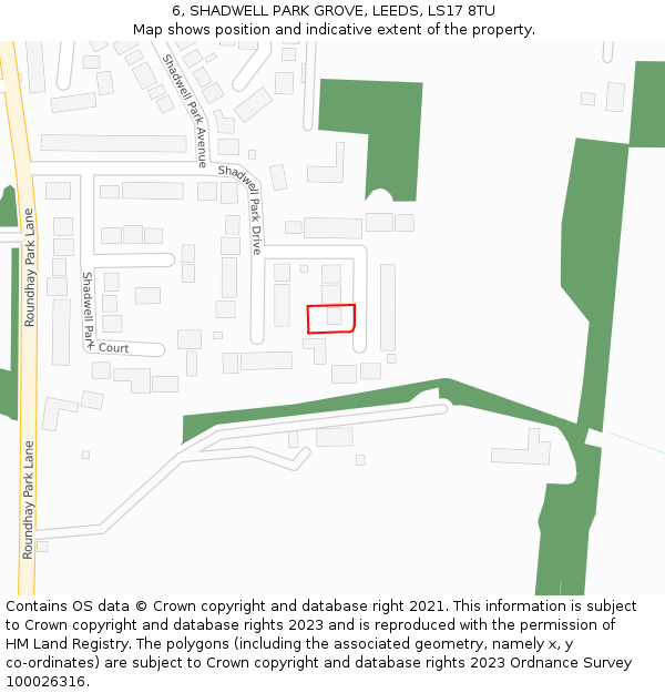 6, SHADWELL PARK GROVE, LEEDS, LS17 8TU: Location map and indicative extent of plot