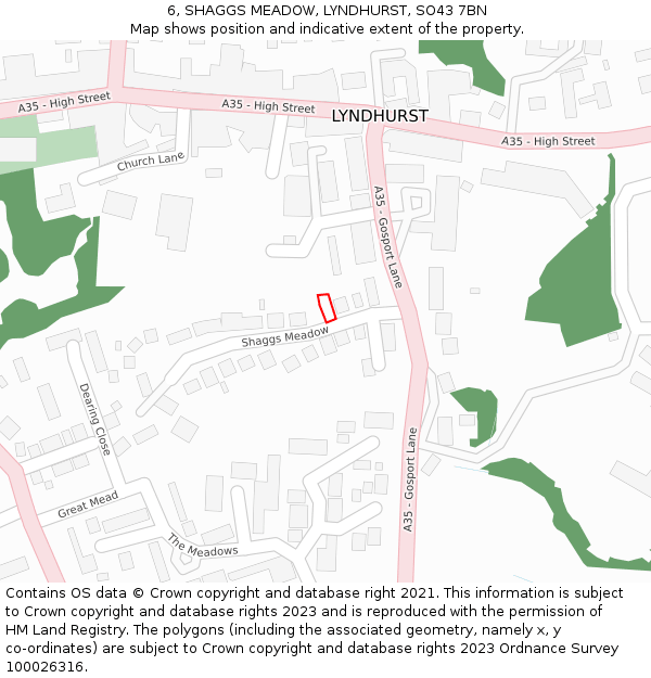 6, SHAGGS MEADOW, LYNDHURST, SO43 7BN: Location map and indicative extent of plot