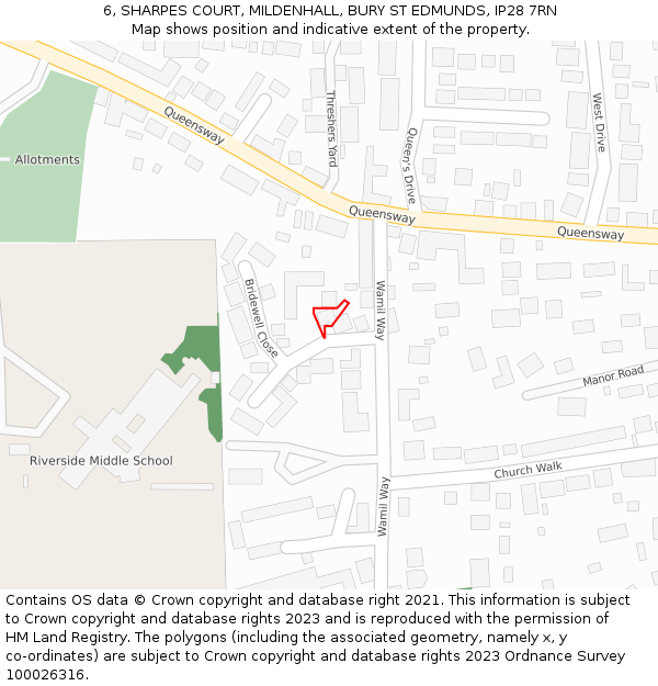 6, SHARPES COURT, MILDENHALL, BURY ST EDMUNDS, IP28 7RN: Location map and indicative extent of plot