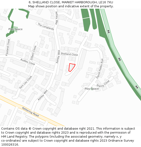 6, SHELLAND CLOSE, MARKET HARBOROUGH, LE16 7XU: Location map and indicative extent of plot