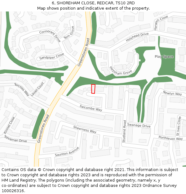 6, SHOREHAM CLOSE, REDCAR, TS10 2RD: Location map and indicative extent of plot