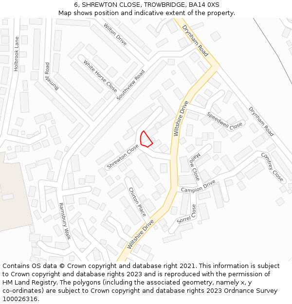 6, SHREWTON CLOSE, TROWBRIDGE, BA14 0XS: Location map and indicative extent of plot