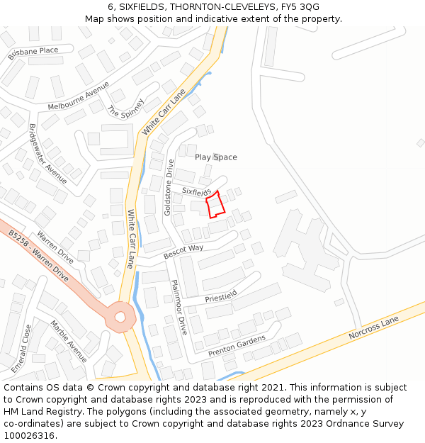 6, SIXFIELDS, THORNTON-CLEVELEYS, FY5 3QG: Location map and indicative extent of plot