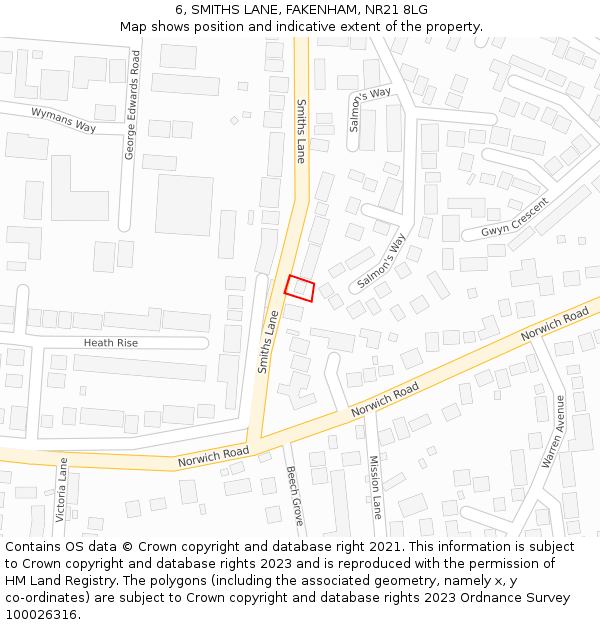 6, SMITHS LANE, FAKENHAM, NR21 8LG: Location map and indicative extent of plot