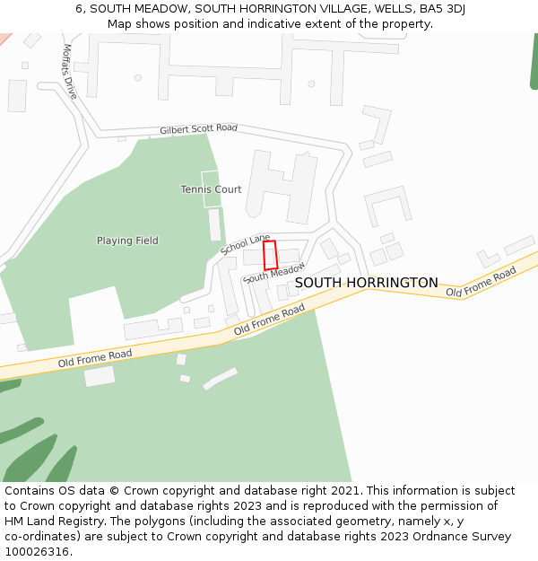 6, SOUTH MEADOW, SOUTH HORRINGTON VILLAGE, WELLS, BA5 3DJ: Location map and indicative extent of plot