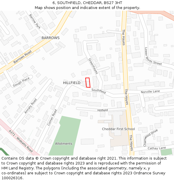 6, SOUTHFIELD, CHEDDAR, BS27 3HT: Location map and indicative extent of plot