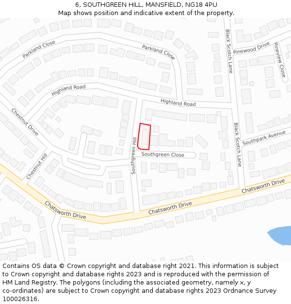 6, SOUTHGREEN HILL, MANSFIELD, NG18 4PU: Location map and indicative extent of plot