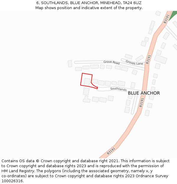 6, SOUTHLANDS, BLUE ANCHOR, MINEHEAD, TA24 6UZ: Location map and indicative extent of plot