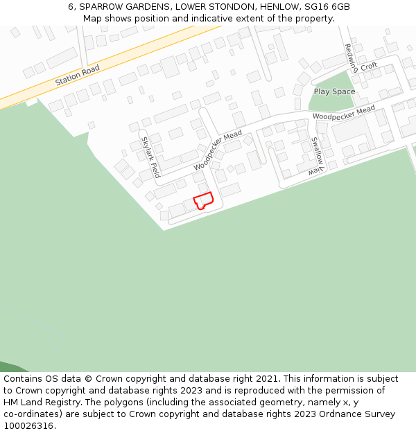 6, SPARROW GARDENS, LOWER STONDON, HENLOW, SG16 6GB: Location map and indicative extent of plot