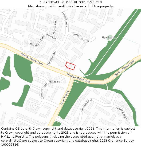 6, SPEEDWELL CLOSE, RUGBY, CV23 0SG: Location map and indicative extent of plot