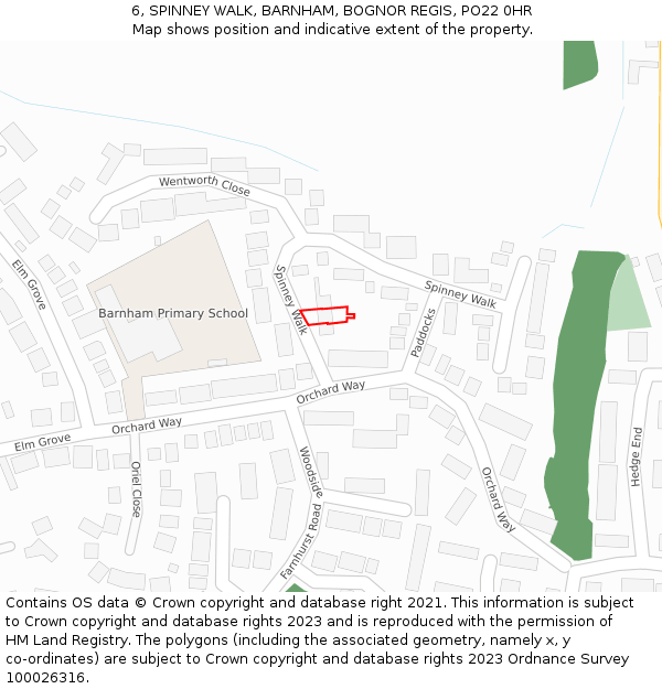 6, SPINNEY WALK, BARNHAM, BOGNOR REGIS, PO22 0HR: Location map and indicative extent of plot