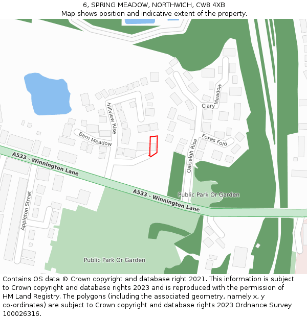 6, SPRING MEADOW, NORTHWICH, CW8 4XB: Location map and indicative extent of plot