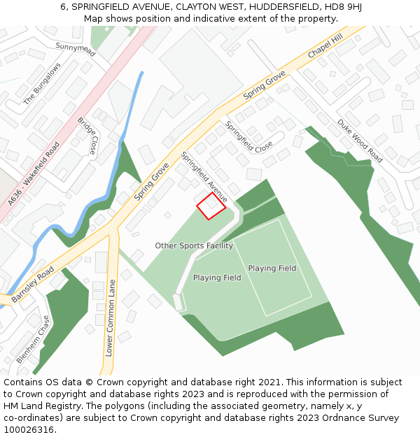 6, SPRINGFIELD AVENUE, CLAYTON WEST, HUDDERSFIELD, HD8 9HJ: Location map and indicative extent of plot