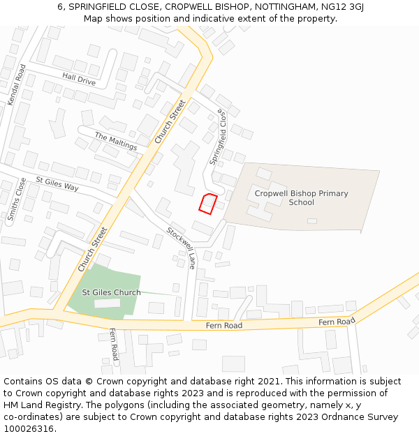 6, SPRINGFIELD CLOSE, CROPWELL BISHOP, NOTTINGHAM, NG12 3GJ: Location map and indicative extent of plot