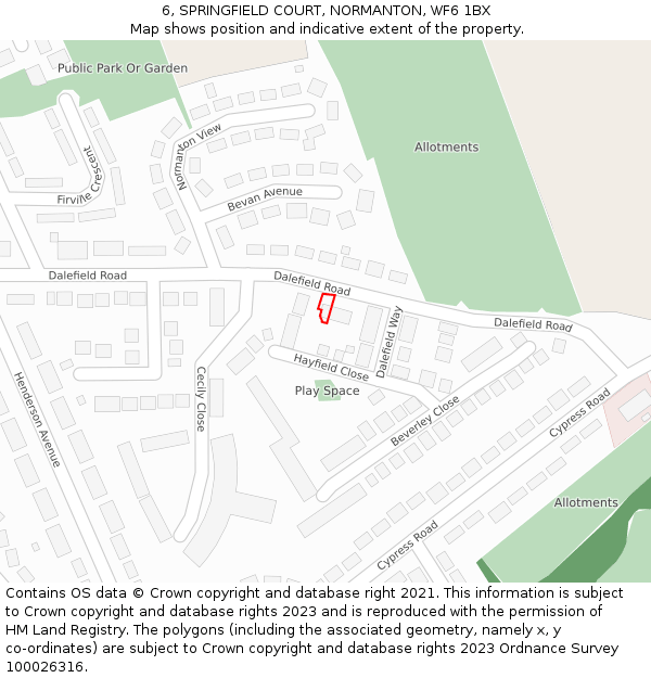 6, SPRINGFIELD COURT, NORMANTON, WF6 1BX: Location map and indicative extent of plot