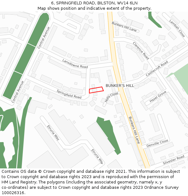 6, SPRINGFIELD ROAD, BILSTON, WV14 6LN: Location map and indicative extent of plot