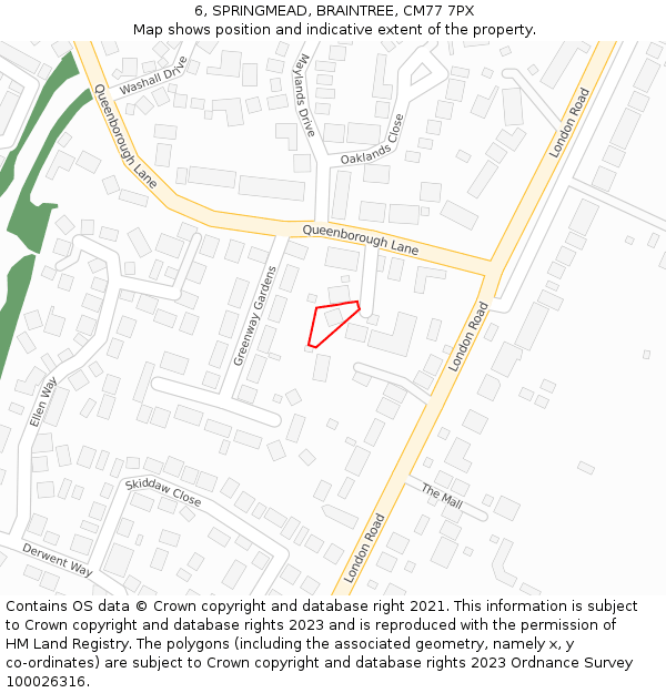 6, SPRINGMEAD, BRAINTREE, CM77 7PX: Location map and indicative extent of plot