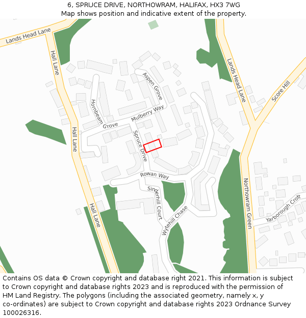 6, SPRUCE DRIVE, NORTHOWRAM, HALIFAX, HX3 7WG: Location map and indicative extent of plot