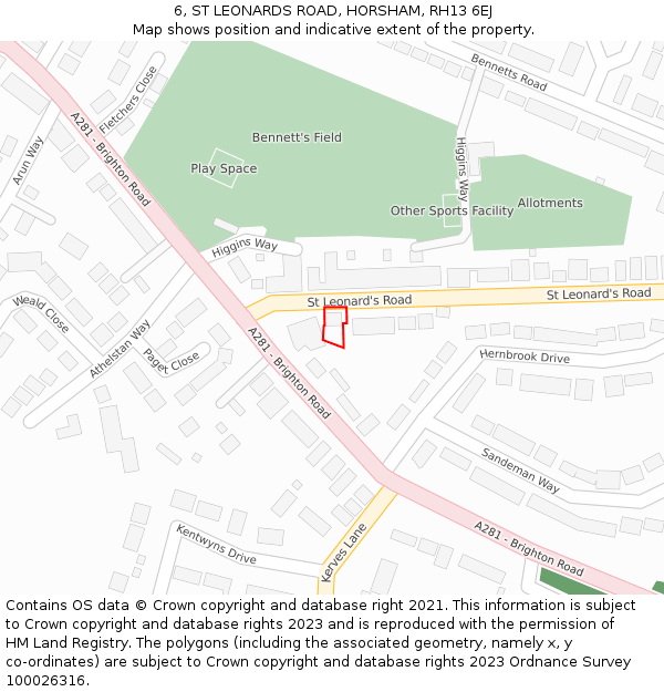 6, ST LEONARDS ROAD, HORSHAM, RH13 6EJ: Location map and indicative extent of plot