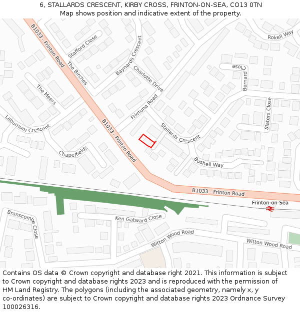 6, STALLARDS CRESCENT, KIRBY CROSS, FRINTON-ON-SEA, CO13 0TN: Location map and indicative extent of plot