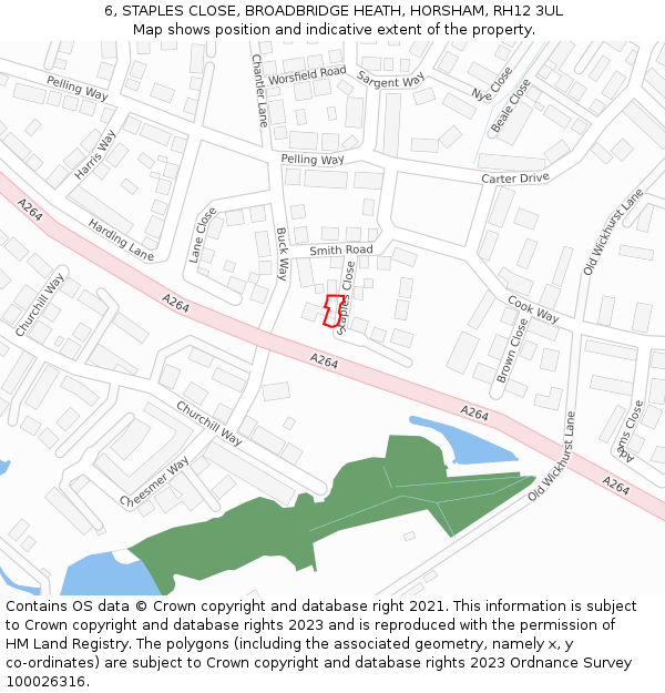 6, STAPLES CLOSE, BROADBRIDGE HEATH, HORSHAM, RH12 3UL: Location map and indicative extent of plot