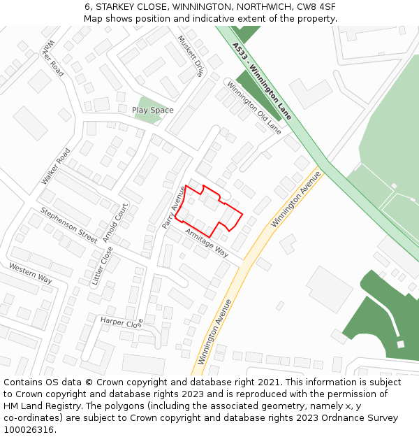 6, STARKEY CLOSE, WINNINGTON, NORTHWICH, CW8 4SF: Location map and indicative extent of plot