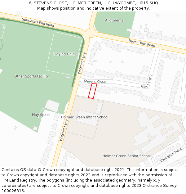 6, STEVENS CLOSE, HOLMER GREEN, HIGH WYCOMBE, HP15 6UQ: Location map and indicative extent of plot