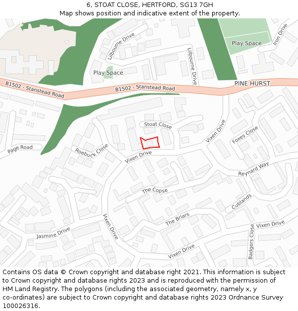 6, STOAT CLOSE, HERTFORD, SG13 7GH: Location map and indicative extent of plot