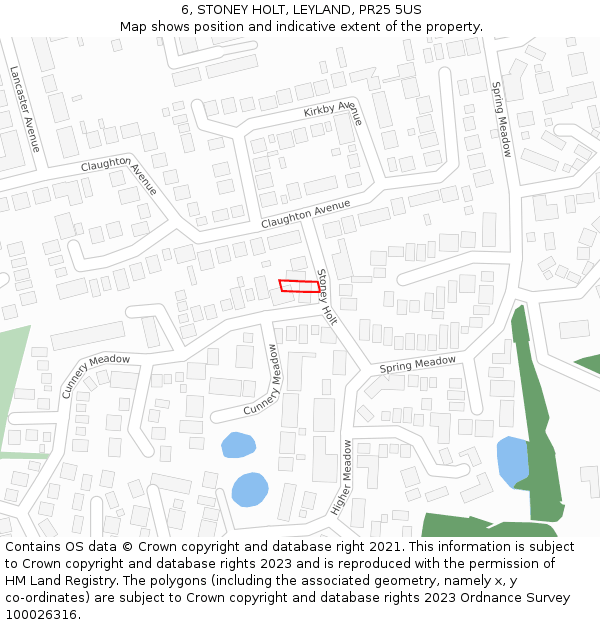 6, STONEY HOLT, LEYLAND, PR25 5US: Location map and indicative extent of plot