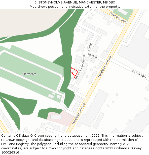 6, STONEYHOLME AVENUE, MANCHESTER, M8 0BX: Location map and indicative extent of plot