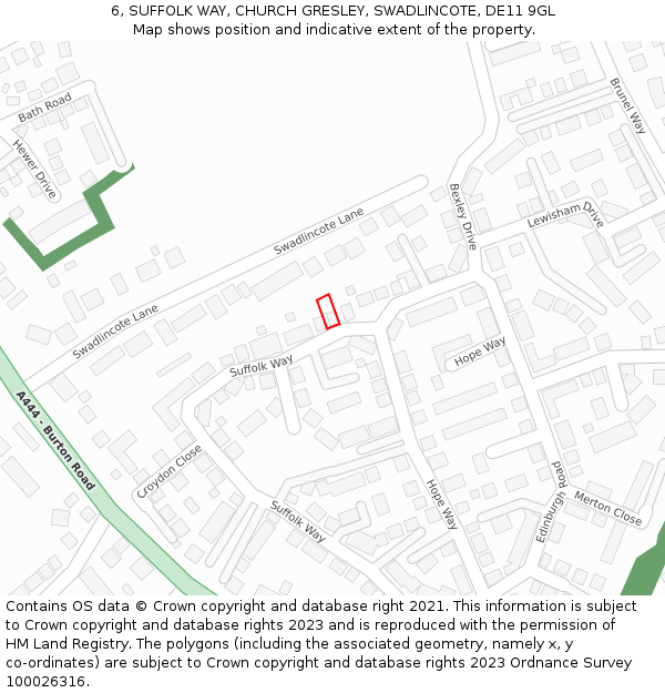 6, SUFFOLK WAY, CHURCH GRESLEY, SWADLINCOTE, DE11 9GL: Location map and indicative extent of plot