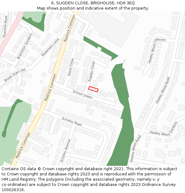 6, SUGDEN CLOSE, BRIGHOUSE, HD6 3EQ: Location map and indicative extent of plot