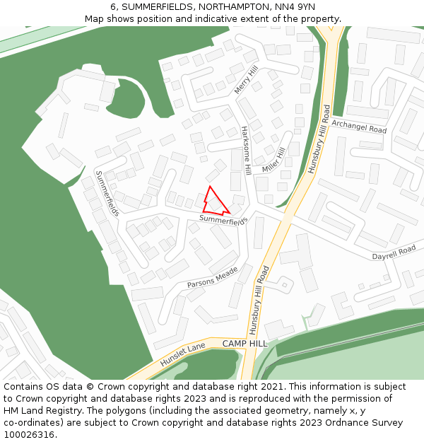 6, SUMMERFIELDS, NORTHAMPTON, NN4 9YN: Location map and indicative extent of plot