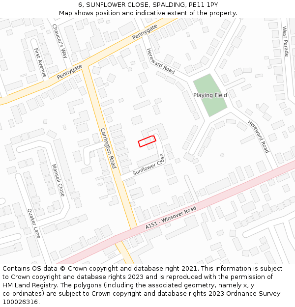 6, SUNFLOWER CLOSE, SPALDING, PE11 1PY: Location map and indicative extent of plot