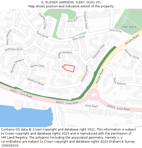 6, SUSSEX GARDENS, FLEET, GU51 2TL: Location map and indicative extent of plot