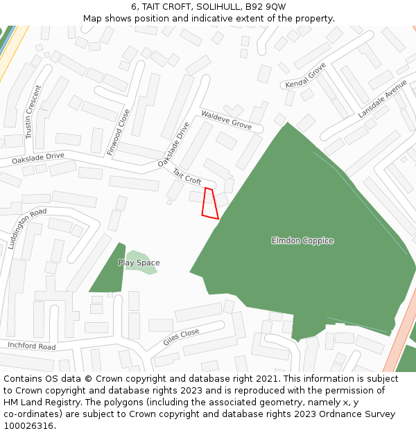 6, TAIT CROFT, SOLIHULL, B92 9QW: Location map and indicative extent of plot