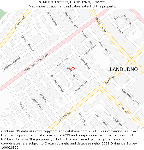 6, TALIESIN STREET, LLANDUDNO, LL30 2YE: Location map and indicative extent of plot