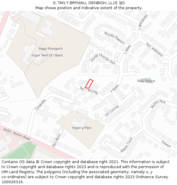 6, TAN Y BRYNIAU, DENBIGH, LL16 3JG: Location map and indicative extent of plot