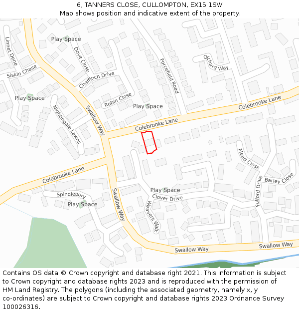 6, TANNERS CLOSE, CULLOMPTON, EX15 1SW: Location map and indicative extent of plot