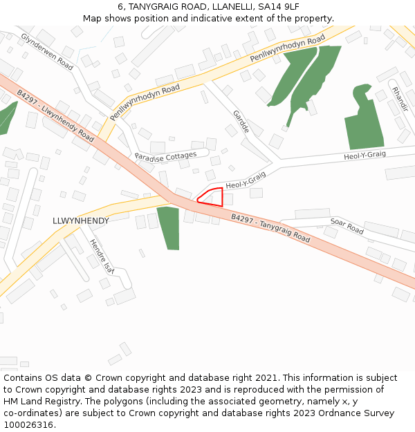 6, TANYGRAIG ROAD, LLANELLI, SA14 9LF: Location map and indicative extent of plot