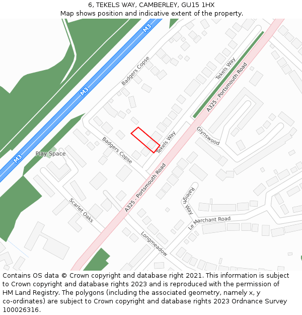 6, TEKELS WAY, CAMBERLEY, GU15 1HX: Location map and indicative extent of plot