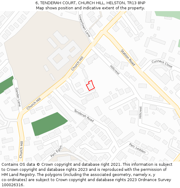 6, TENDERAH COURT, CHURCH HILL, HELSTON, TR13 8NP: Location map and indicative extent of plot