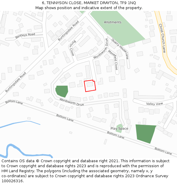 6, TENNYSON CLOSE, MARKET DRAYTON, TF9 1NQ: Location map and indicative extent of plot