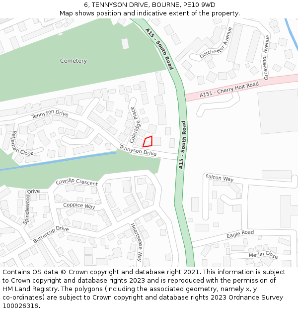 6, TENNYSON DRIVE, BOURNE, PE10 9WD: Location map and indicative extent of plot